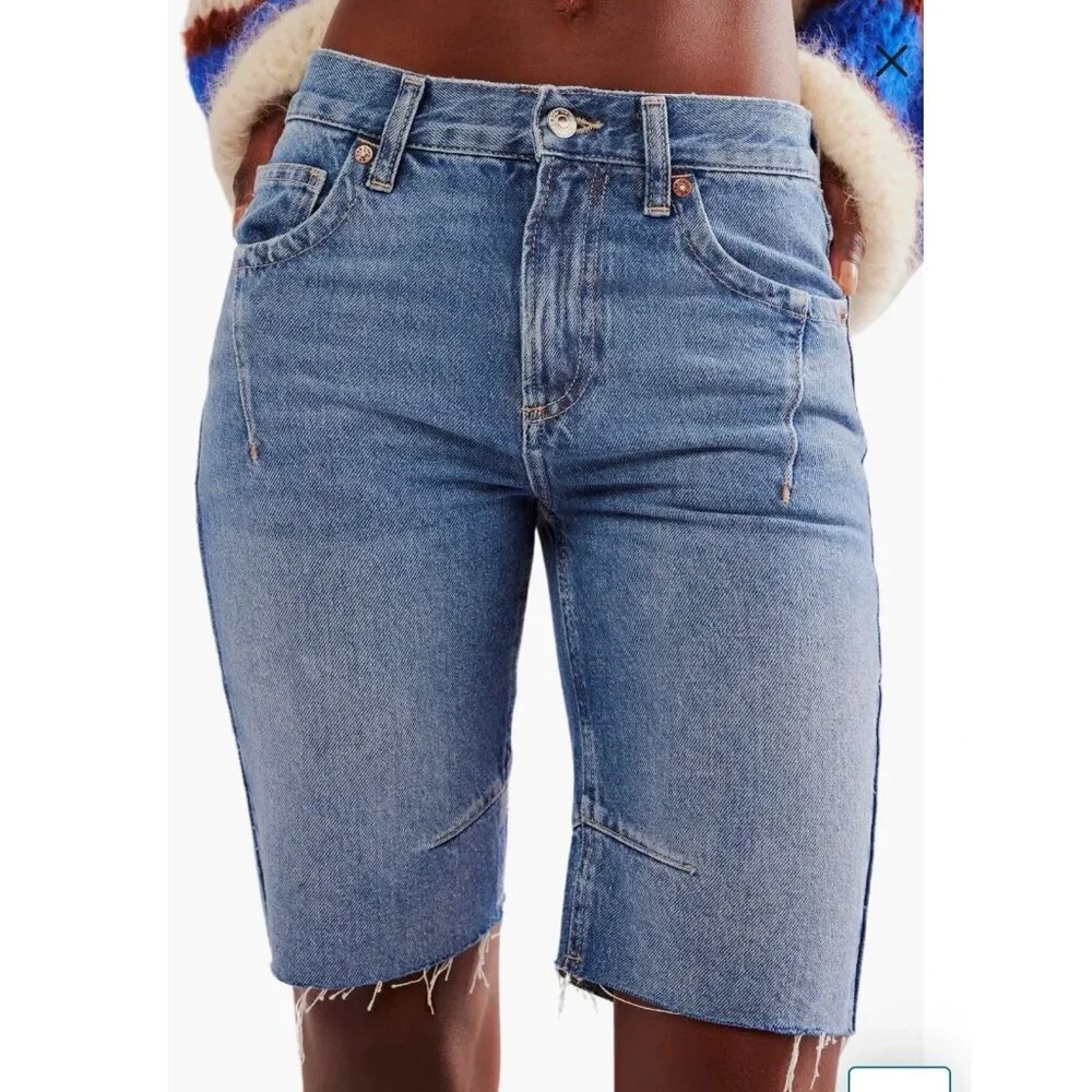 Free People Ghost Town High Rise Long Short Bermuda Womens 27 Medium Wash